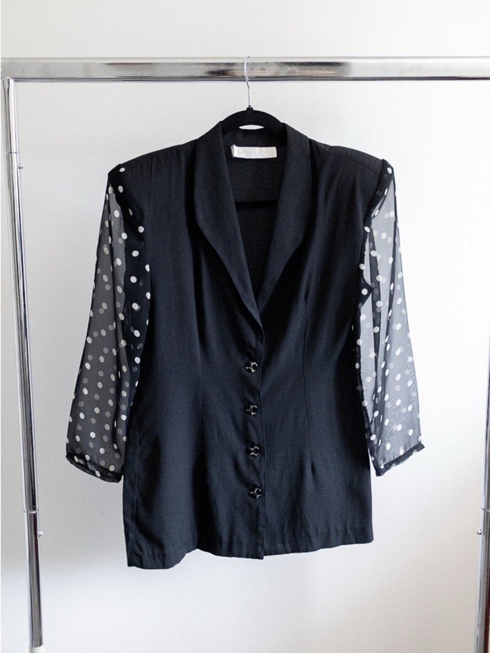 Vittoria Virini Black Blazer Vintage Sheer Polka Dot Sleeves Made in Canada Sz S